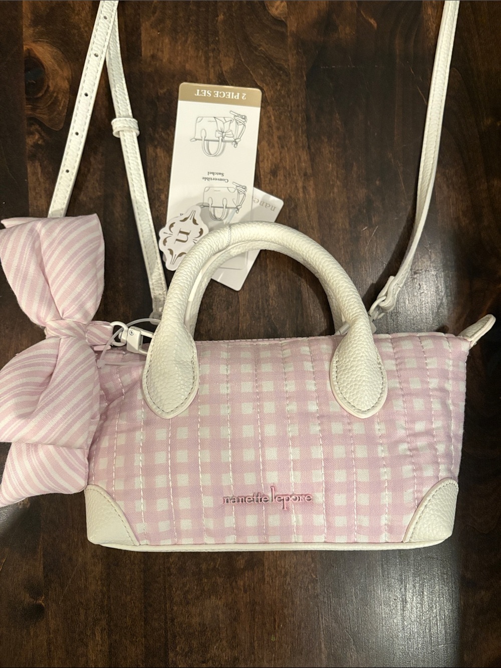NWT Nanette Lepore Quilted Pink and White Gingham Mini Satchel with Bow charm